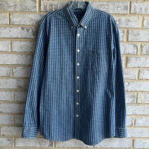 Lands' End Long Sleeve Button Up Collared Blue/White Plaid Shirt Men's Size L